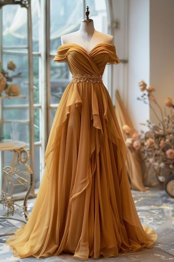 Niulatu A-line Off-shoulder Chiffon Long Prom Dress Formal Evening Gown HZ1026